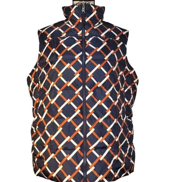 Lands' End Womens XL/P 18 Down Puffer Vest Navy Blue Orange Geometric Full Zip - Picture 2 of 5